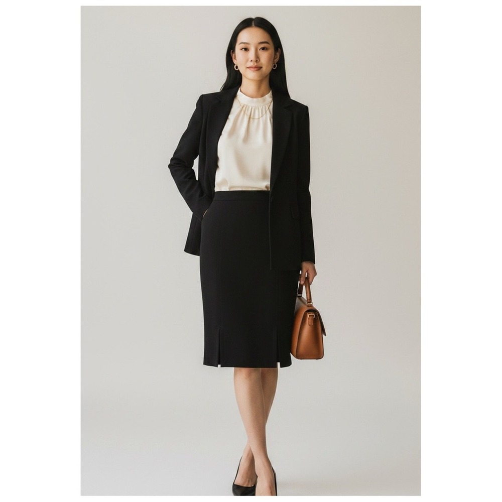 St. John Pleat Front Knee Length Pencil Skirt Women's 6 Black Quiet Luxury
